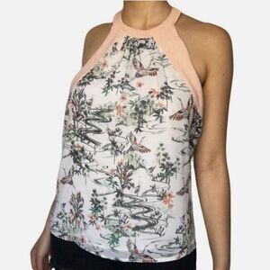 H&M Asian Garden Crane Bird Print Flowy Halter T-back Top Babydoll Lightweight